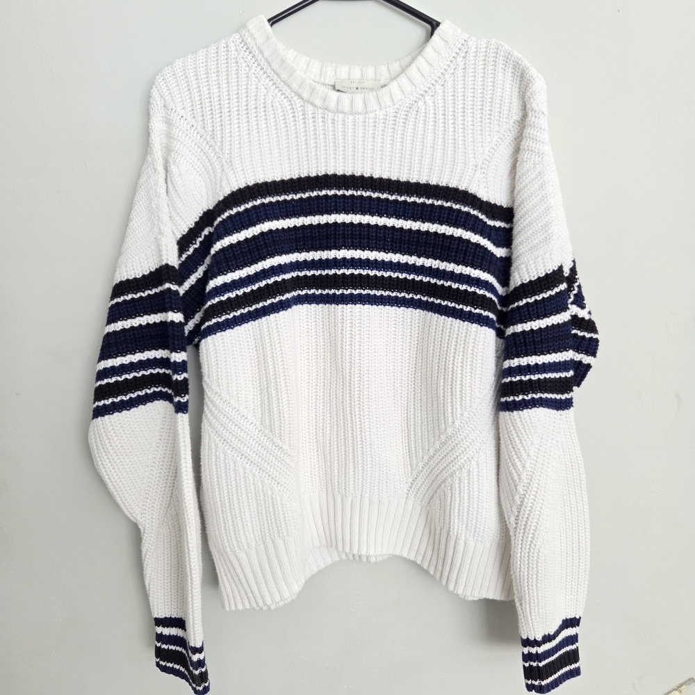 Lucky Brand White Chunky Knit Sweater Blue/ Black Stripes‎ XL